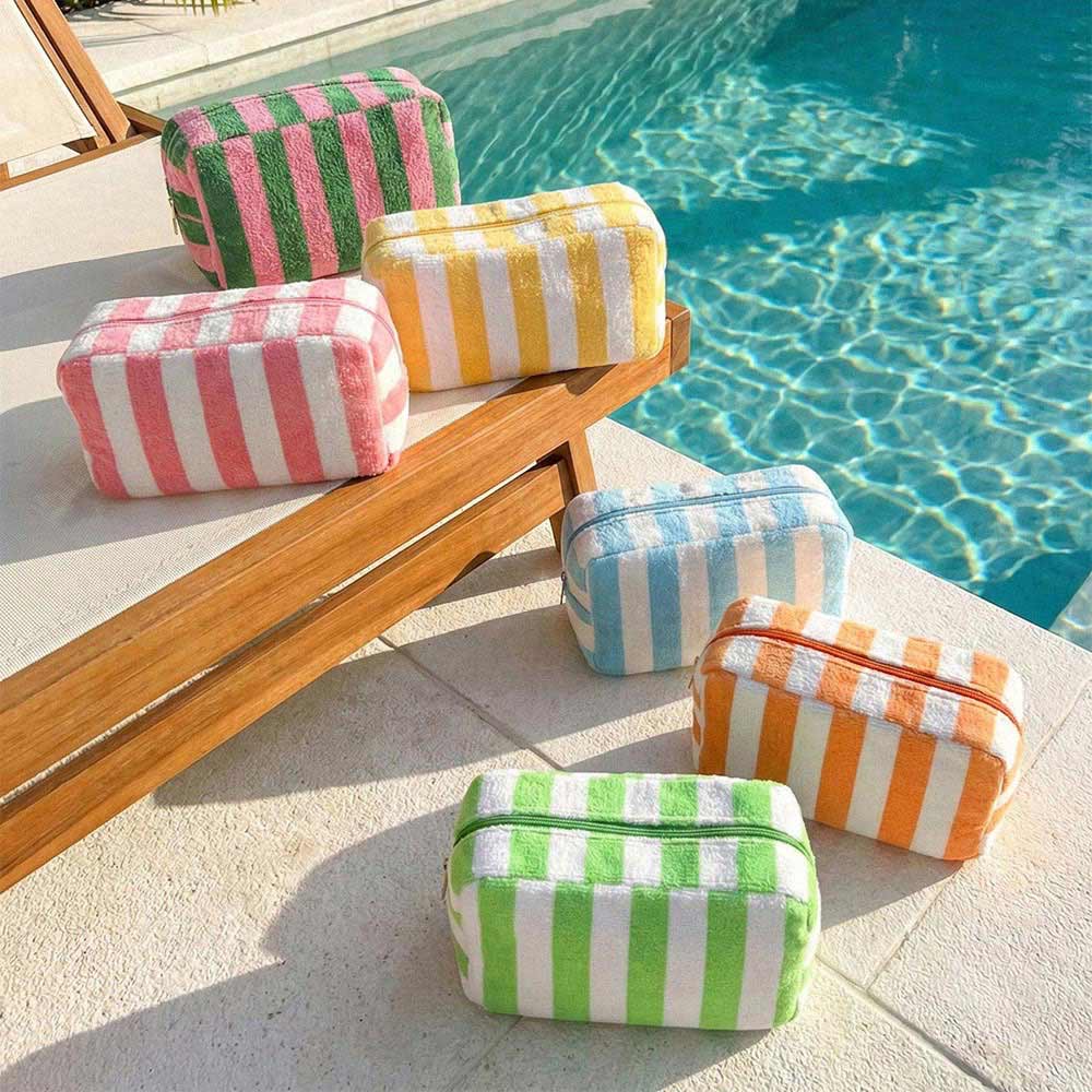 Striped Terry Cloth Cosmetic Pouch Bag in Blue