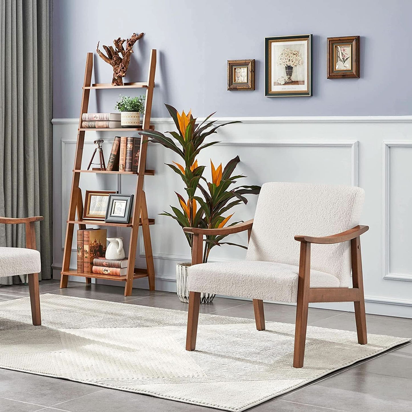 Mid Century Bouclé Chair With Wood Legs