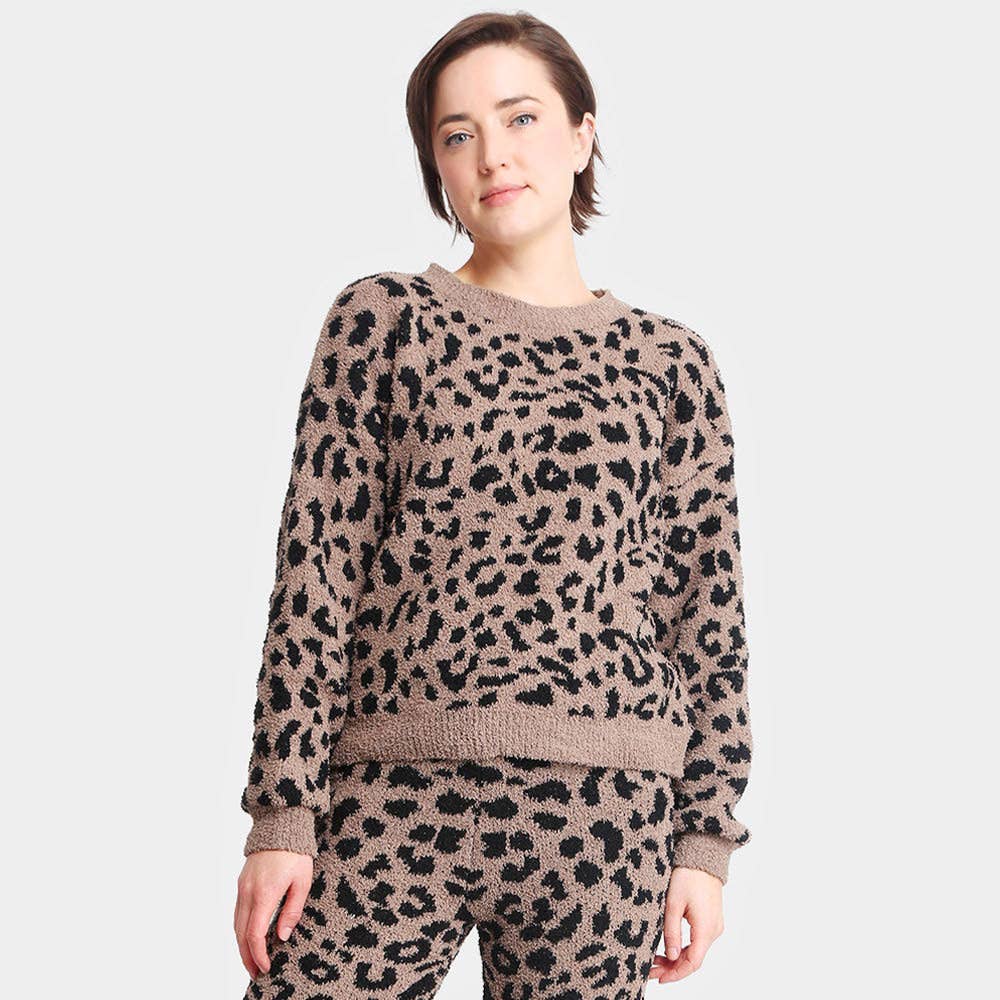 Leopard Patterned Soft Loungewear Sweater Top: Beige / L/XL