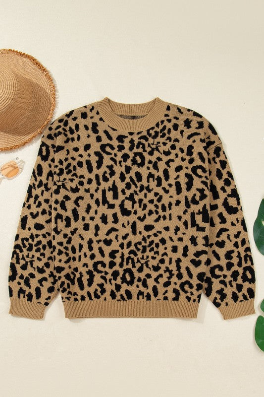 Leopard Crewneck Drop Shoulder Sweater