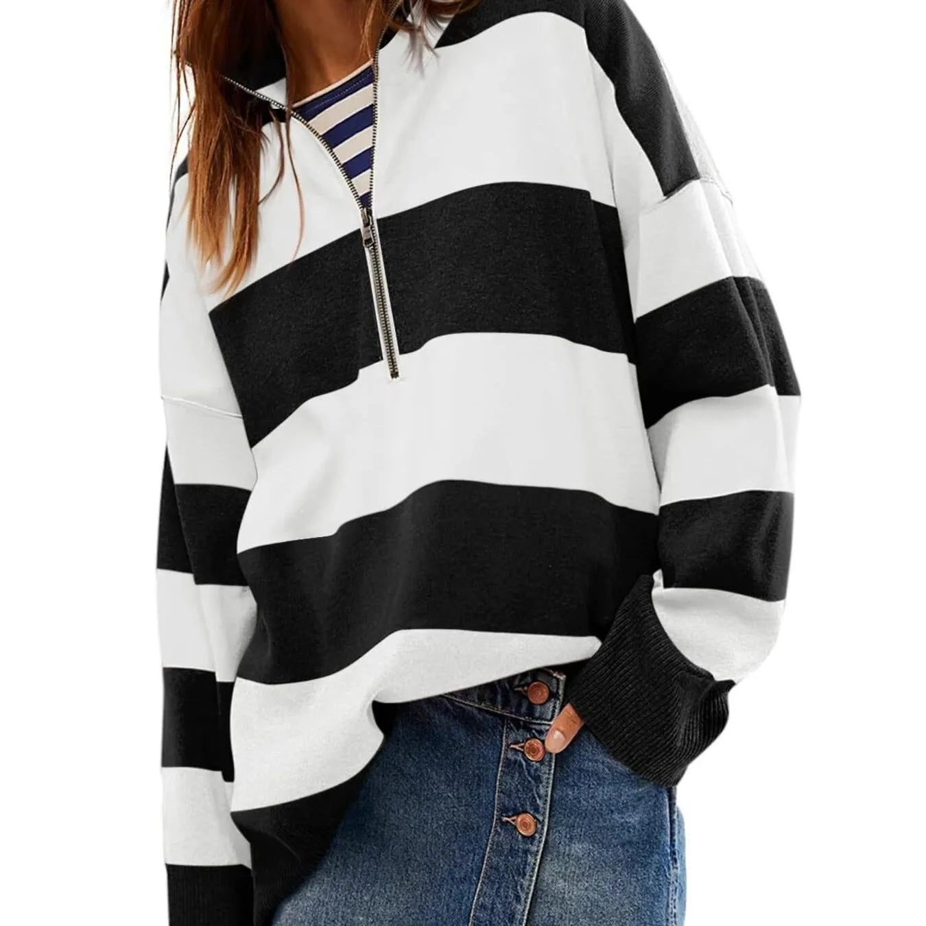 Striped Half-Zip Oversized Rugby Sweatshirt