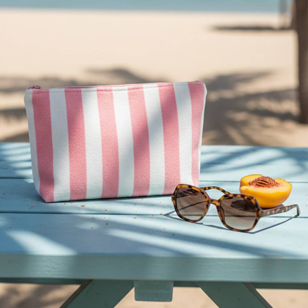 Striped Terry Cloth Cosmetic Pouch Bag in Pink