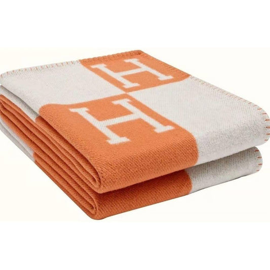 Monogram Pattern Reversible Throw Blanket in Orange