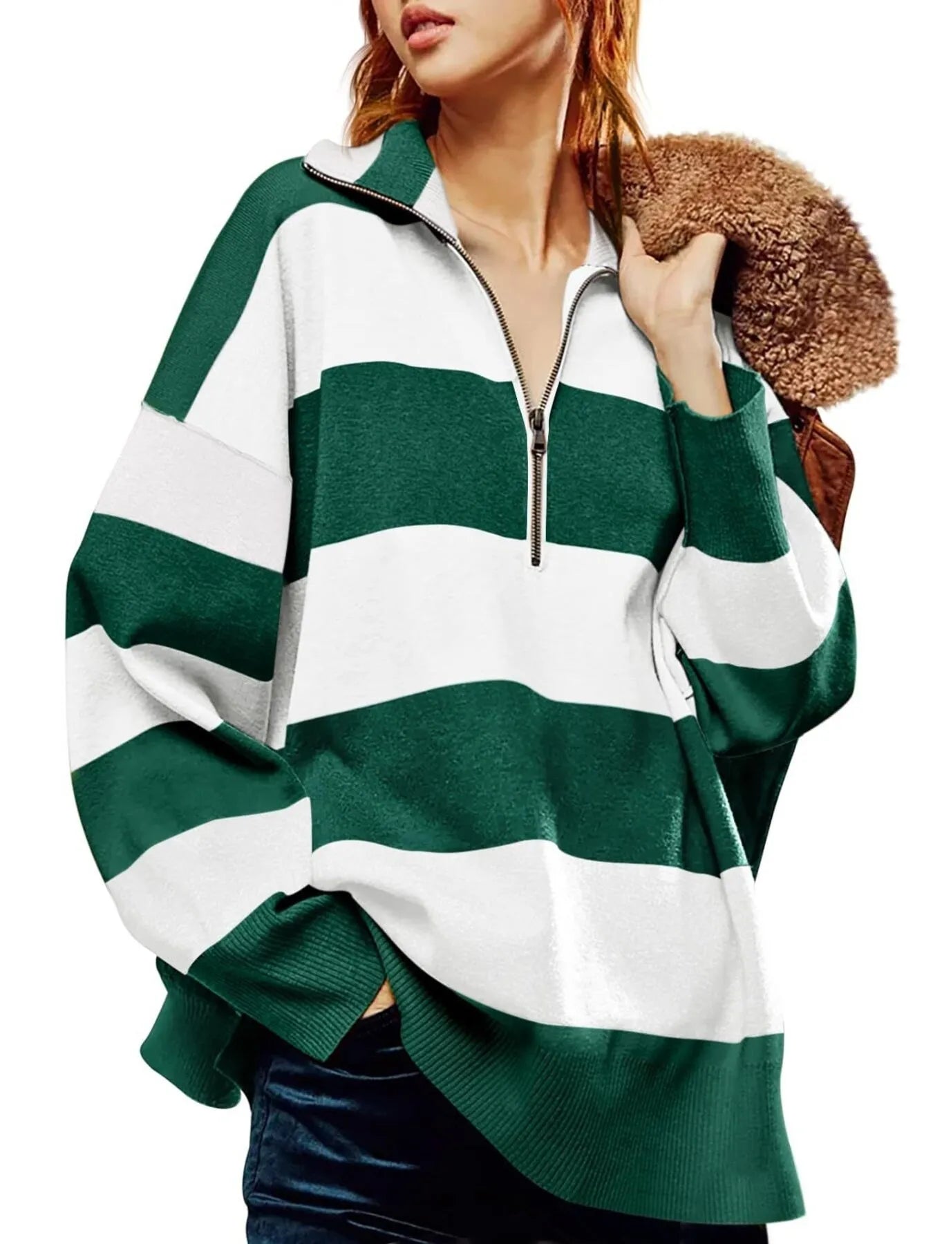 Striped Half-Zip Oversized Rugby Sweatshirt
