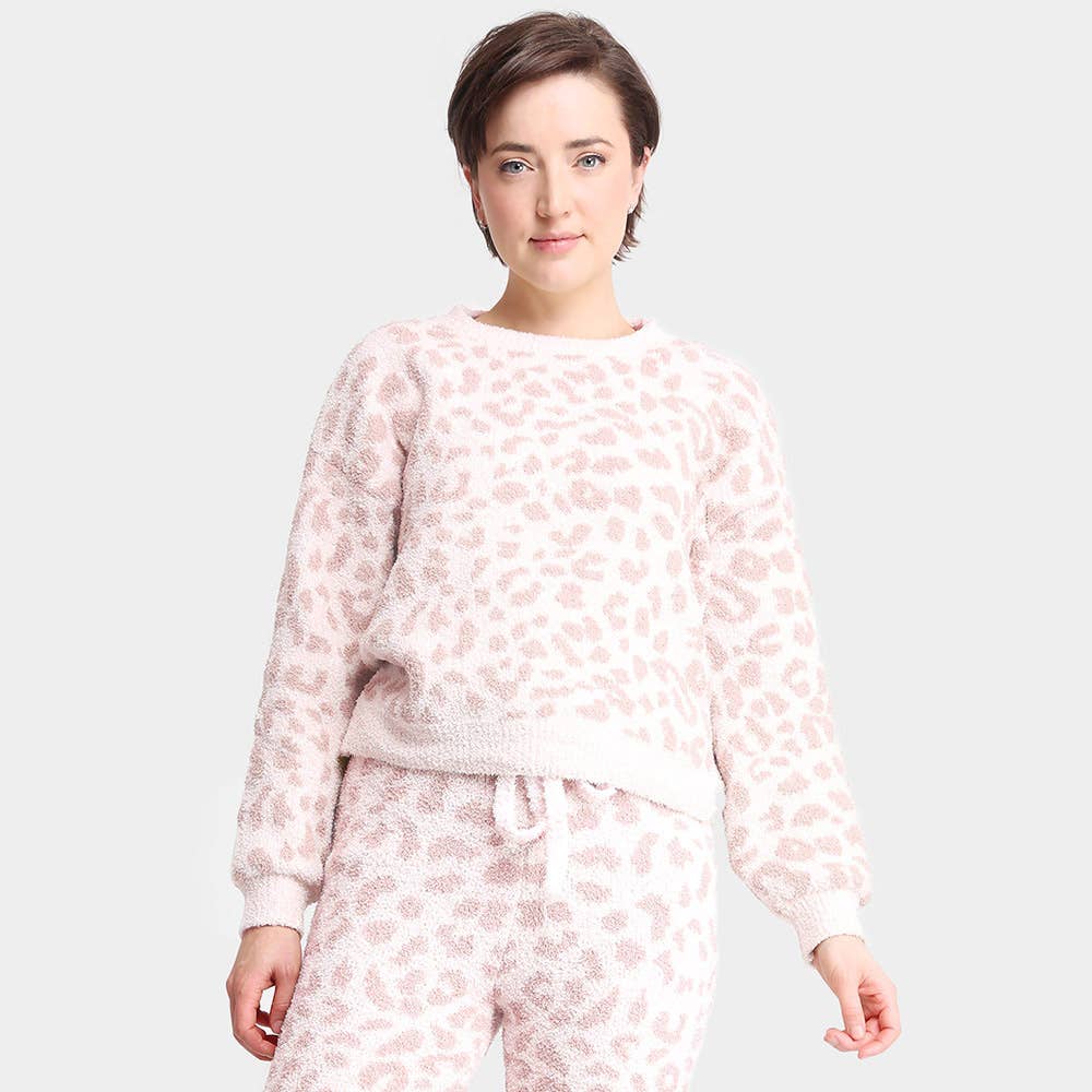 Leopard Patterned Soft Loungewear Sweater Top: Beige / L/XL