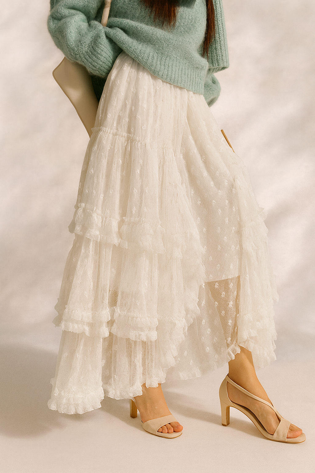 Lace Ruffle Mesh Maxi Skirt