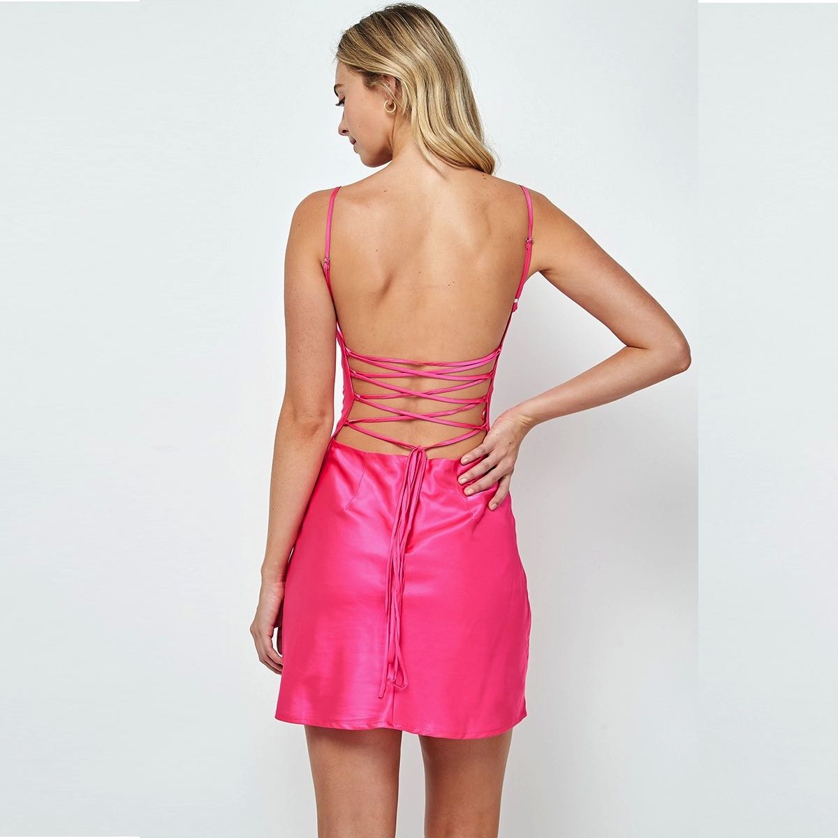 Pink Satin Lace Mini Dress