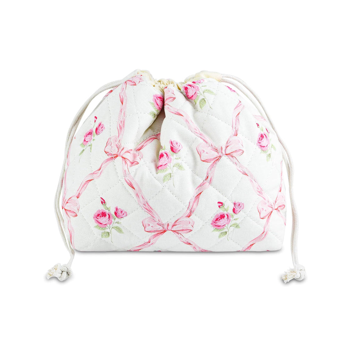 Drawstring bag with floral and bow pattern on a white background