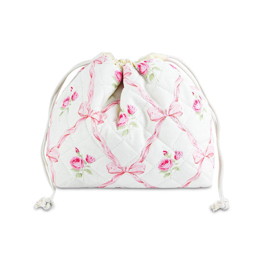 Drawstring bag with floral and bow pattern on a white background