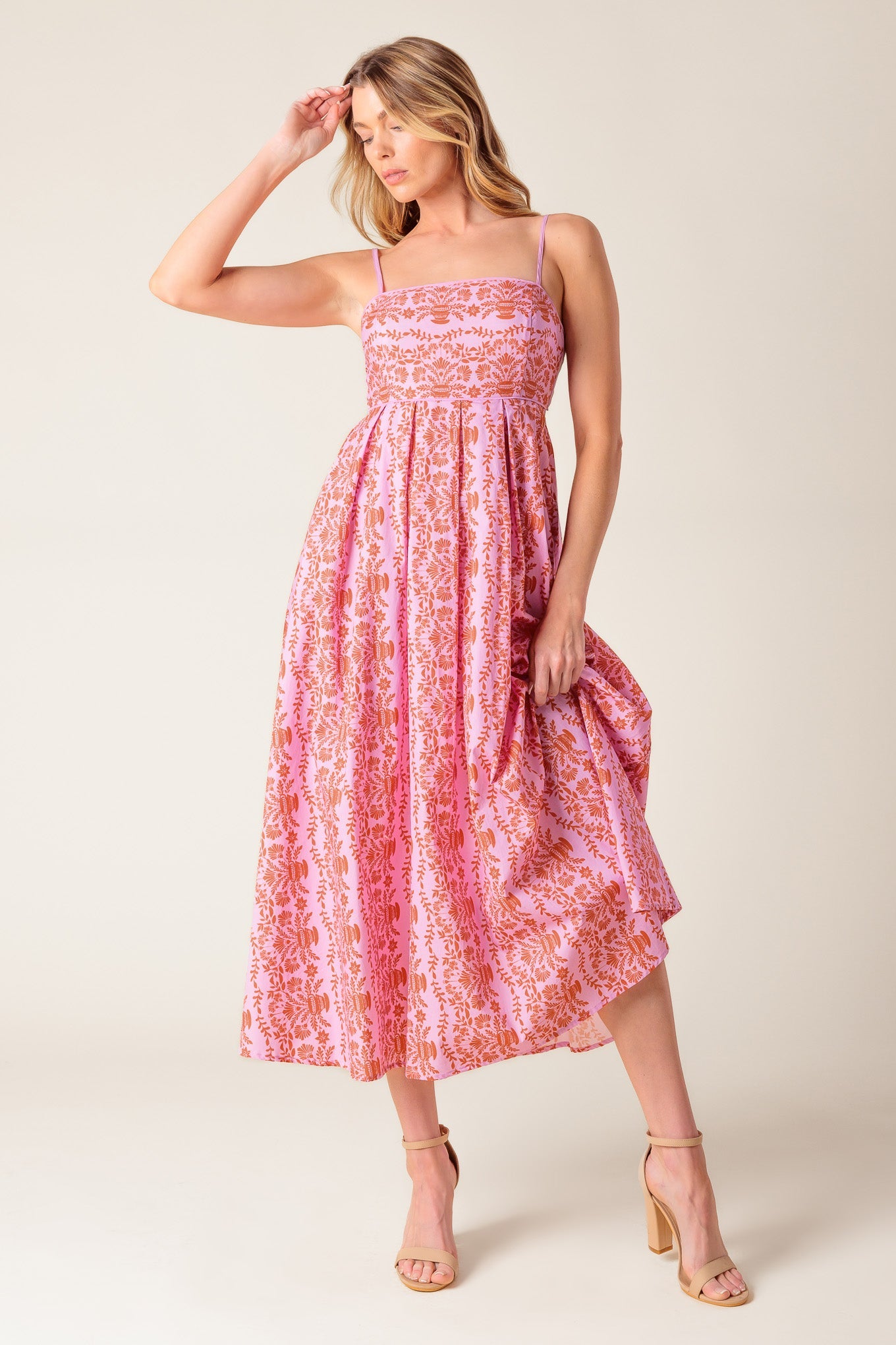 Evette Pink Woven Midi Dress