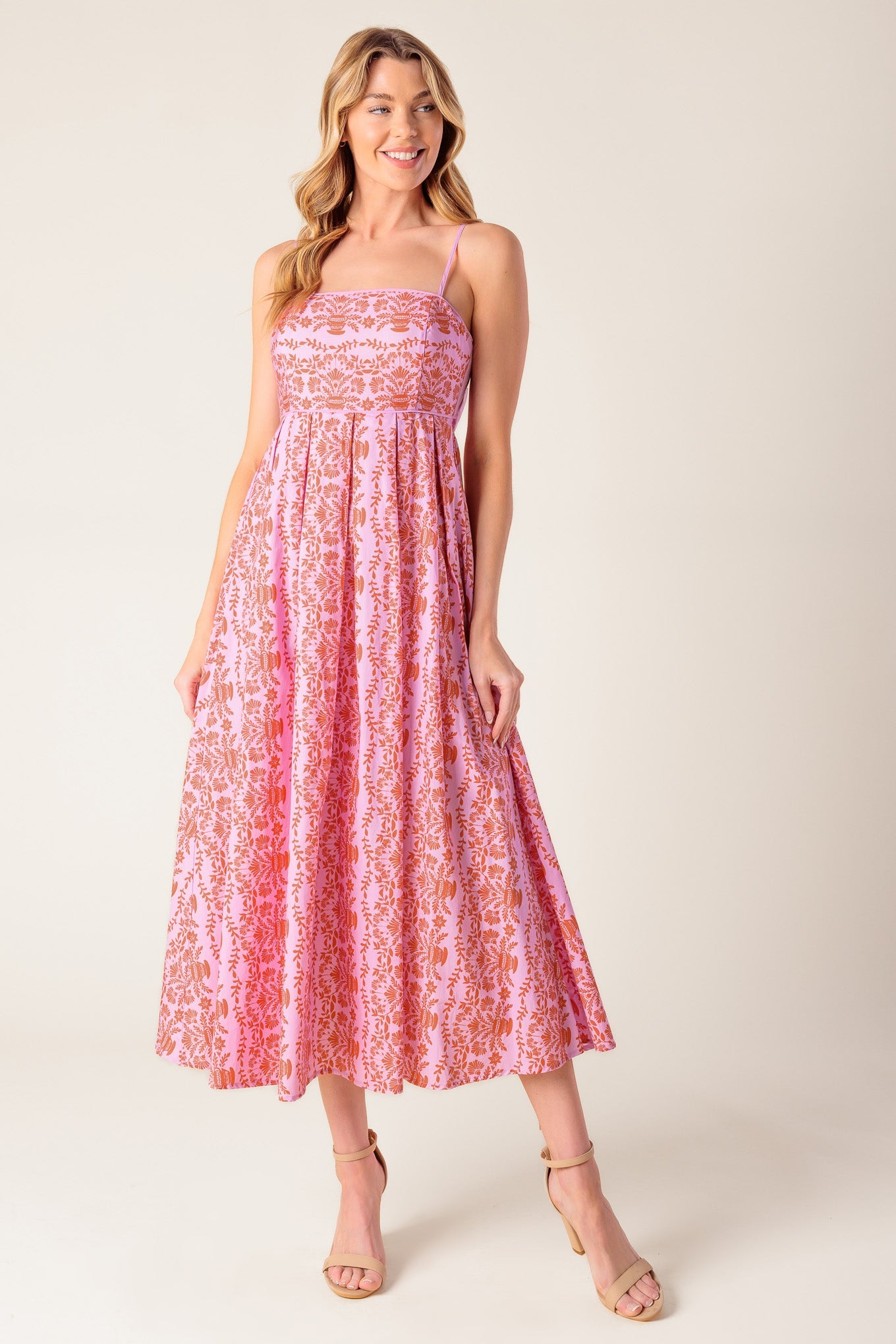 Evette Pink Woven Midi Dress