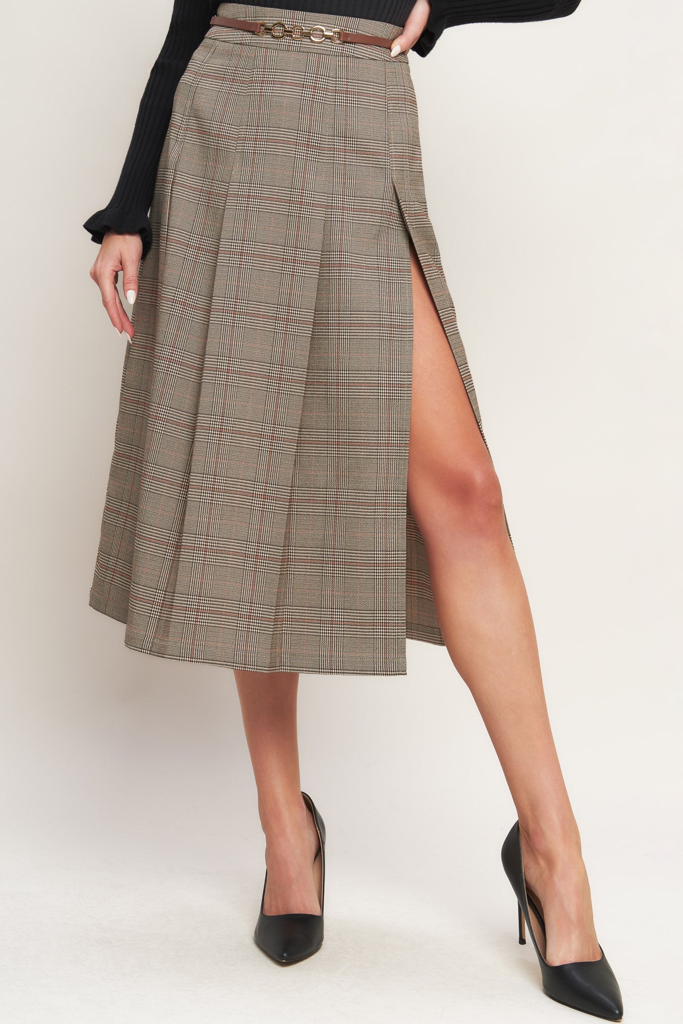 British Plaid Woven Midi Skirt