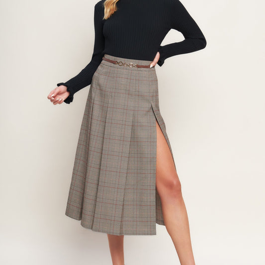 British Plaid Woven Midi Skirt
