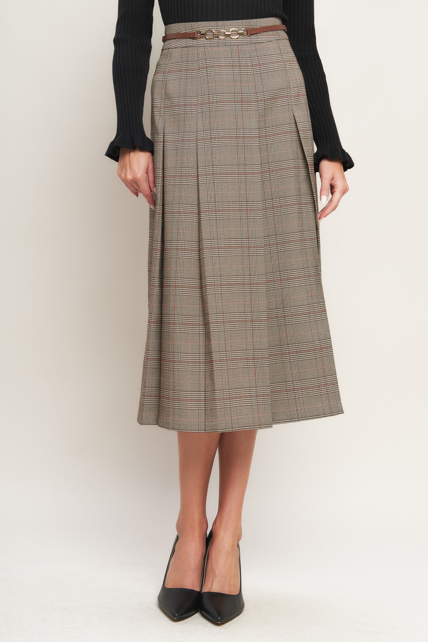 British Plaid Woven Midi Skirt