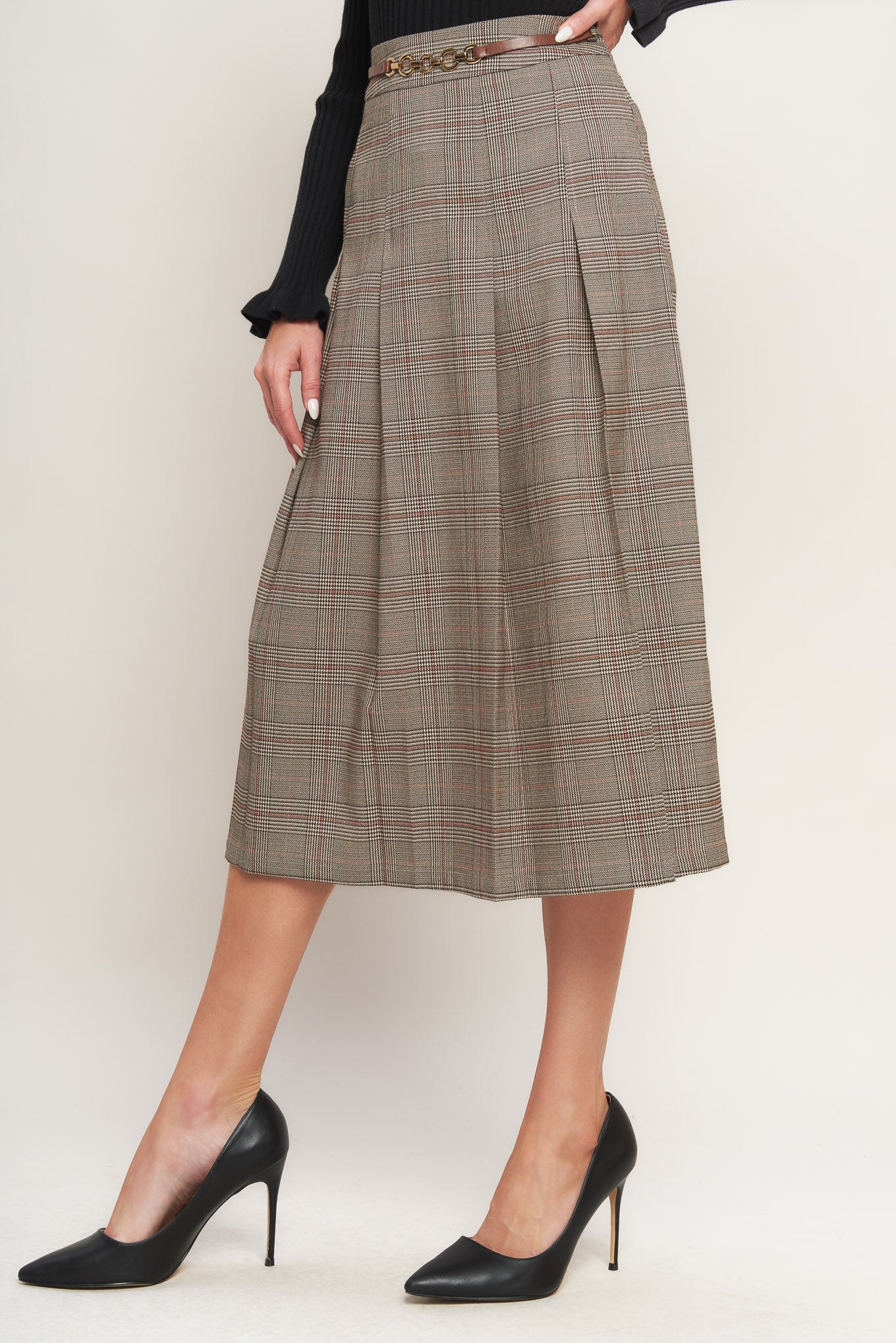 British Plaid Woven Midi Skirt