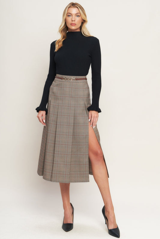 British Plaid Woven Midi Skirt