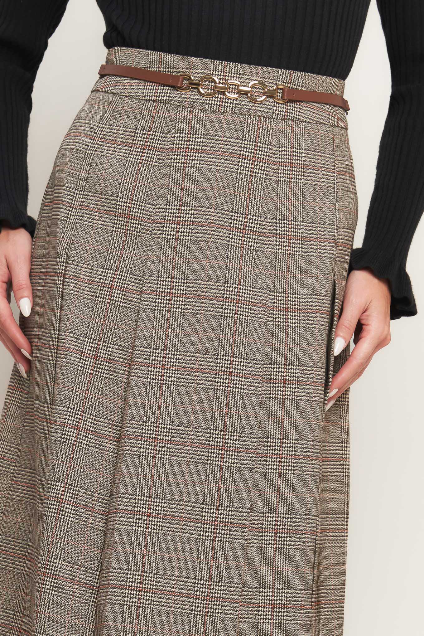 British Plaid Woven Midi Skirt