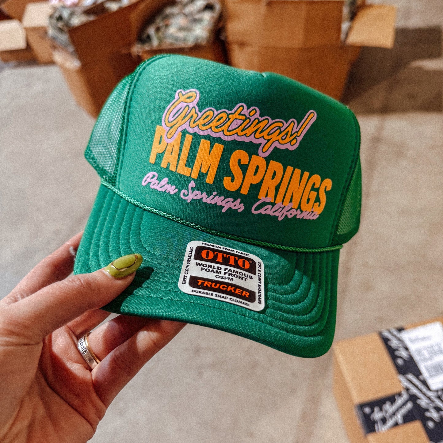 Greetings! Palm Springs Trucker Hat