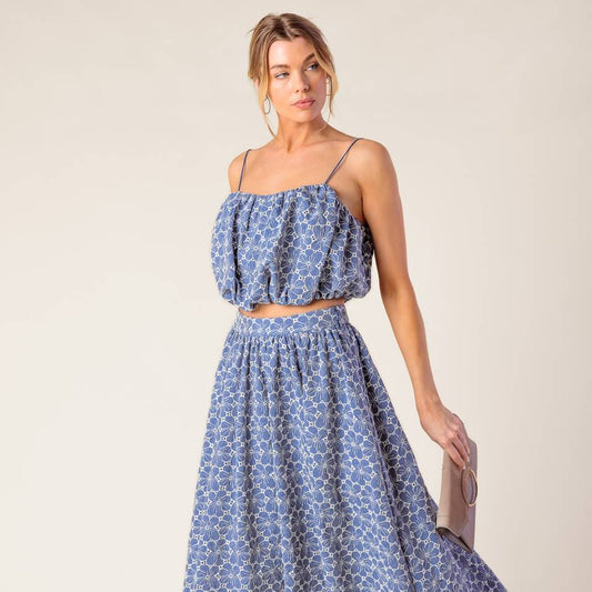 Ocean Blue Eyelet Woven Midi Skirt & Top Set