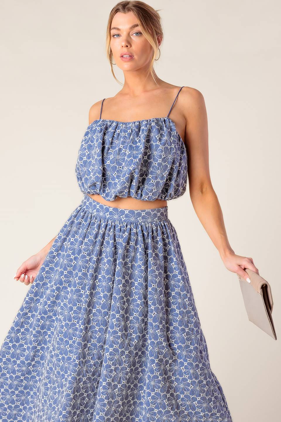 Ocean Blue Eyelet Woven Midi Skirt & Top Set
