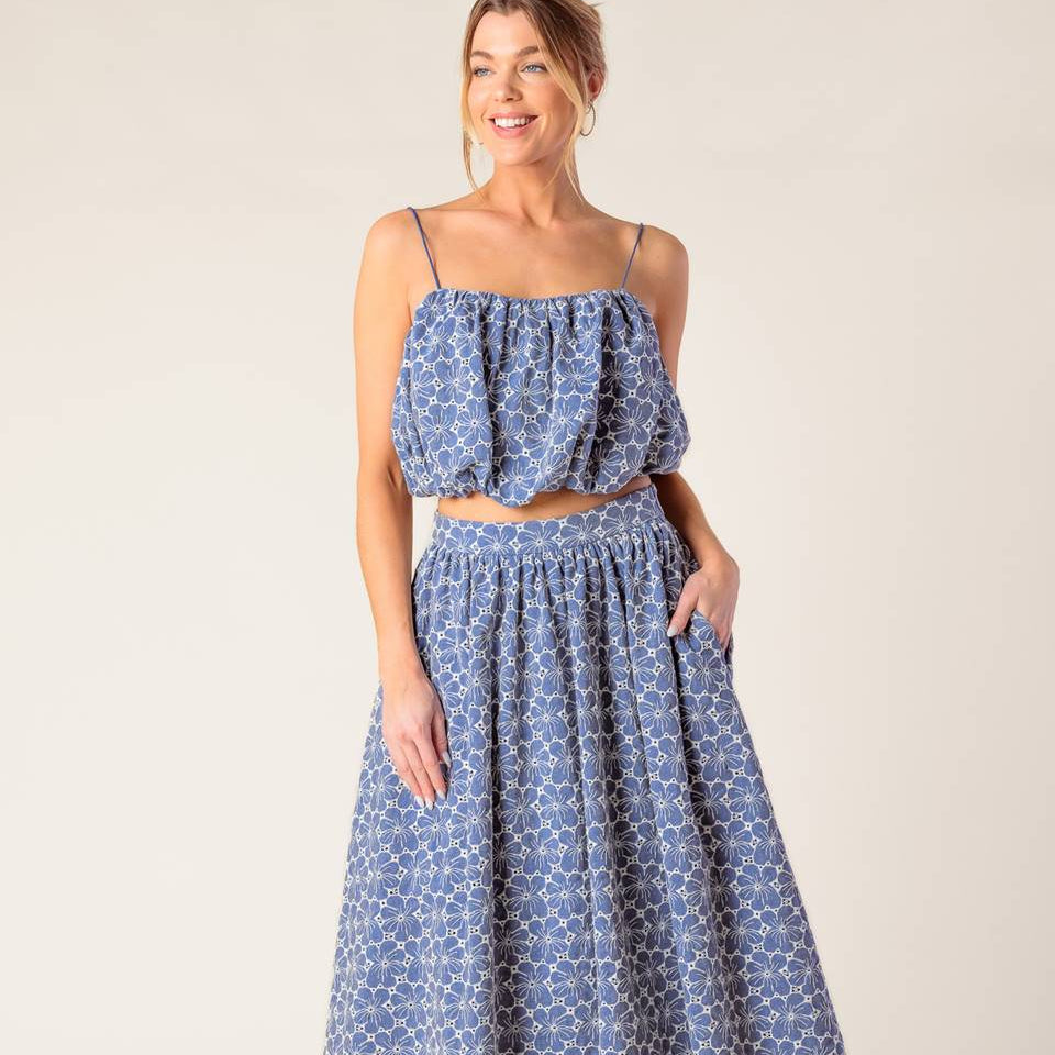 Woman wearing a blue floral dress on a white background