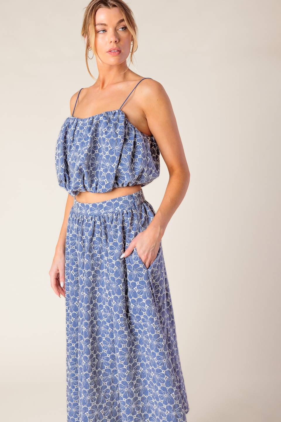 Ocean Blue Eyelet Woven Midi Skirt & Top Set