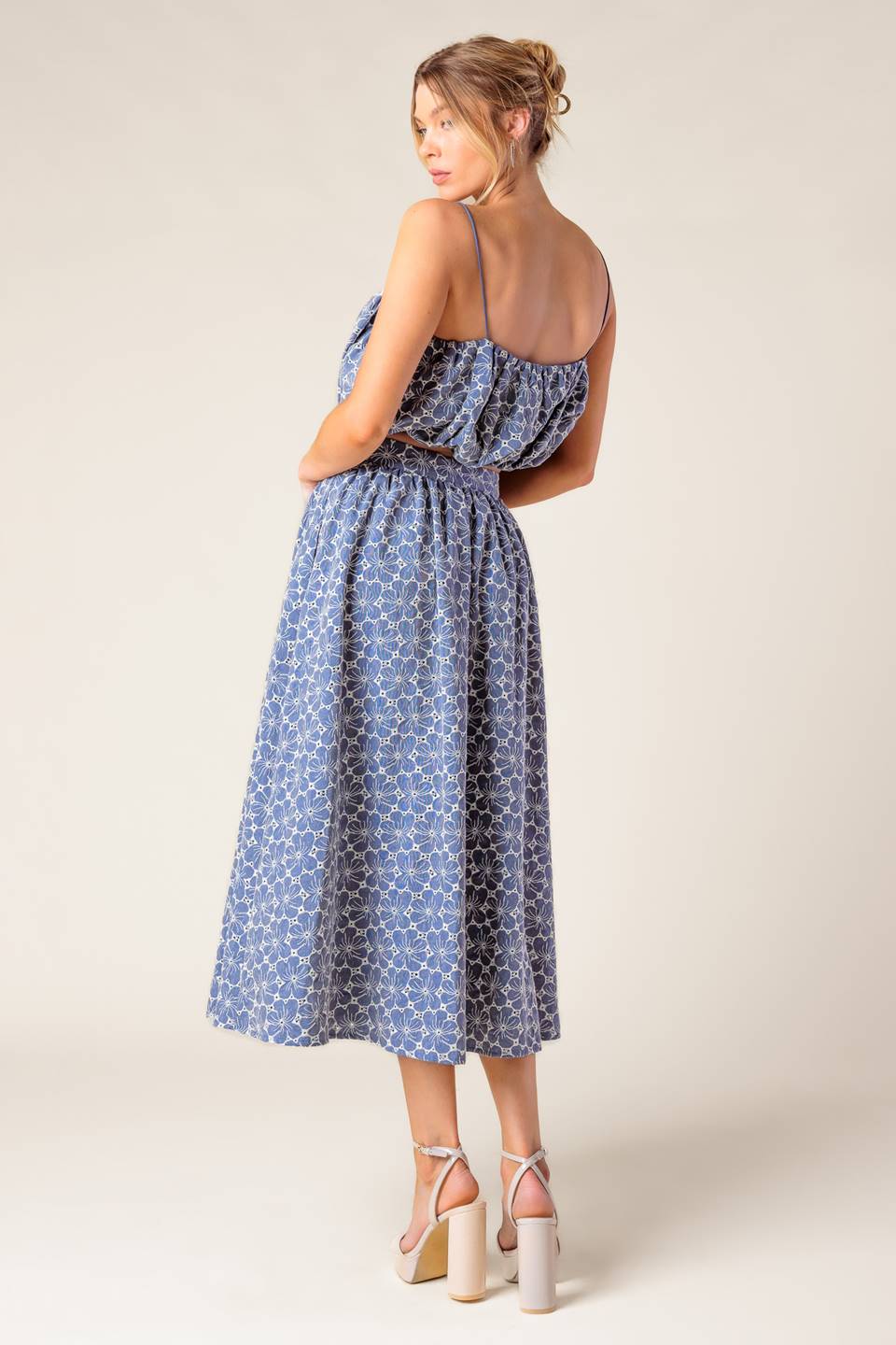 Ocean Blue Eyelet Woven Midi Skirt & Top Set
