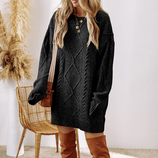 Cable Knit Sweater Dress in Black