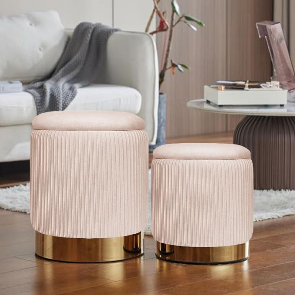 Bubblegum Pink Velvet Ottoman With Storage- Set of 2