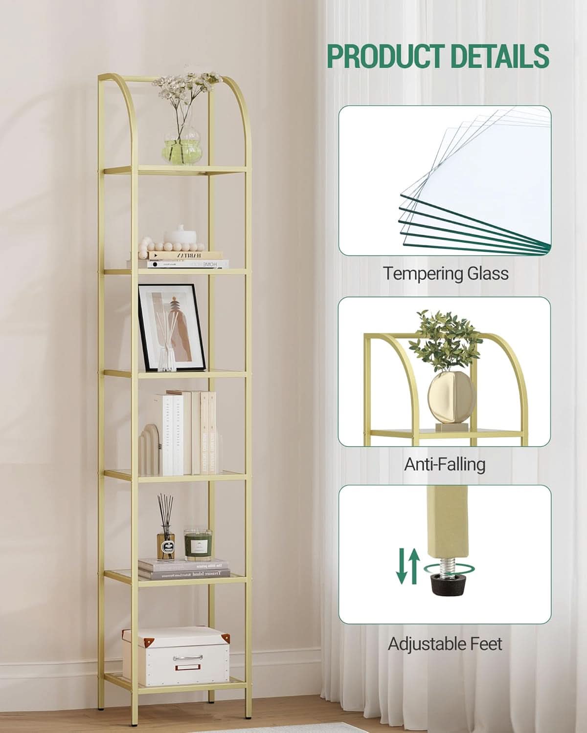 6 Tier Gold Tempered Glass Bookshelf