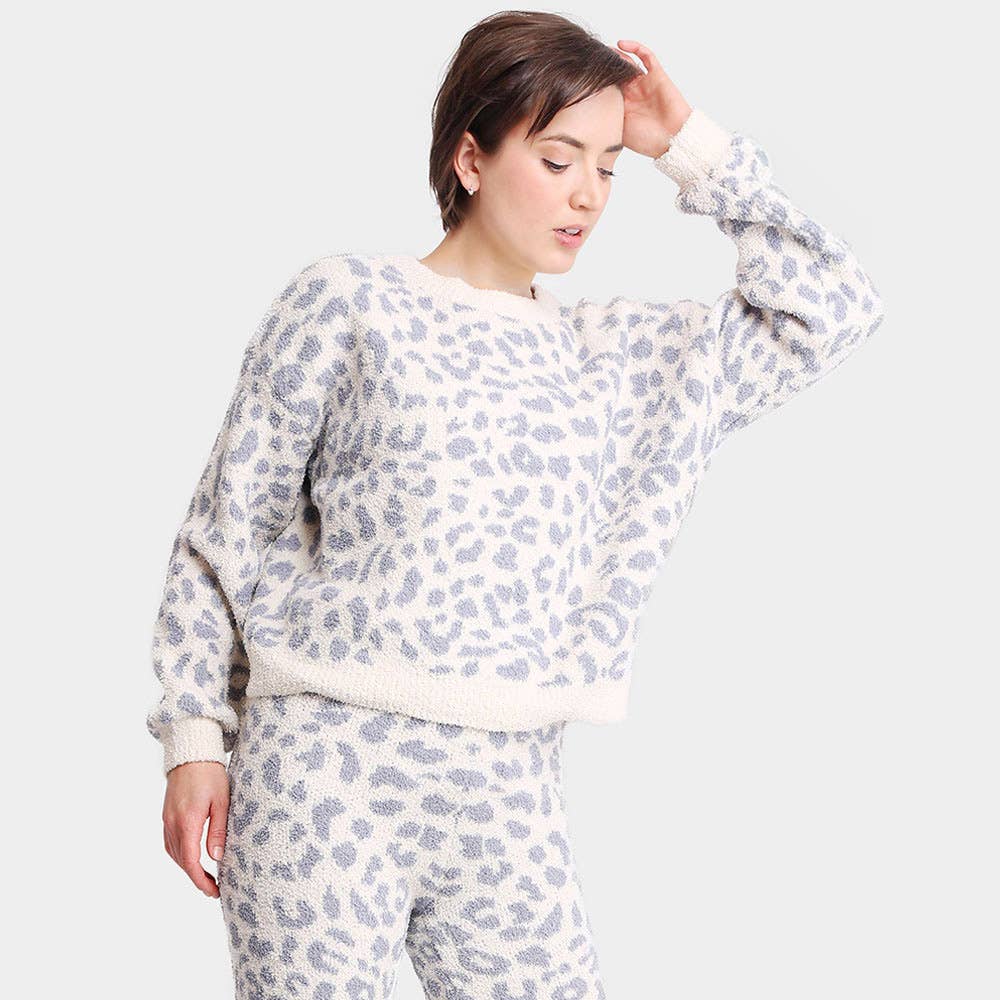 Leopard Patterned Soft Loungewear Sweater Top: Beige / L/XL