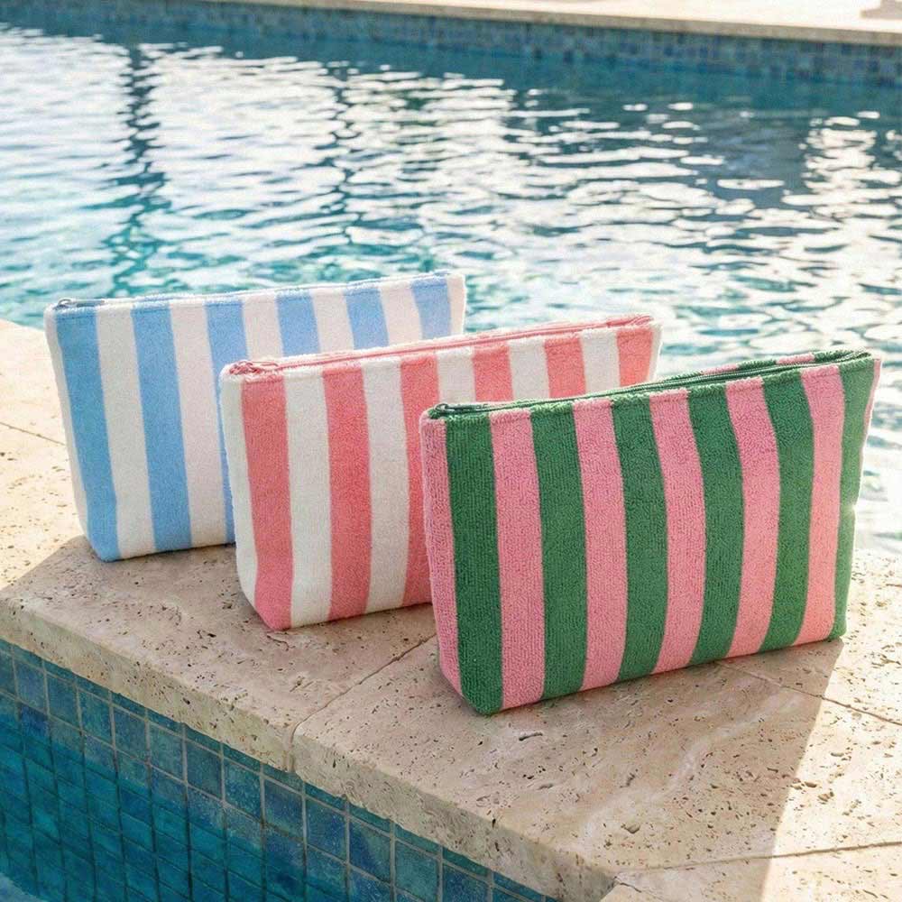 Striped Terry Cloth Cosmetic Pouch Bag in Pink