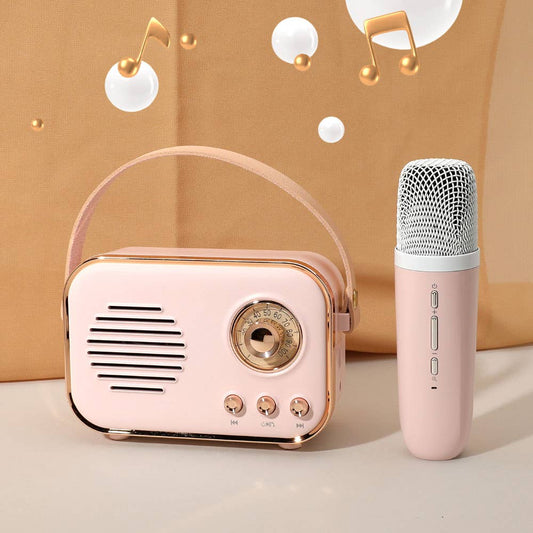Pink vintage-style speaker and microphone on a beige background with decorative elements.