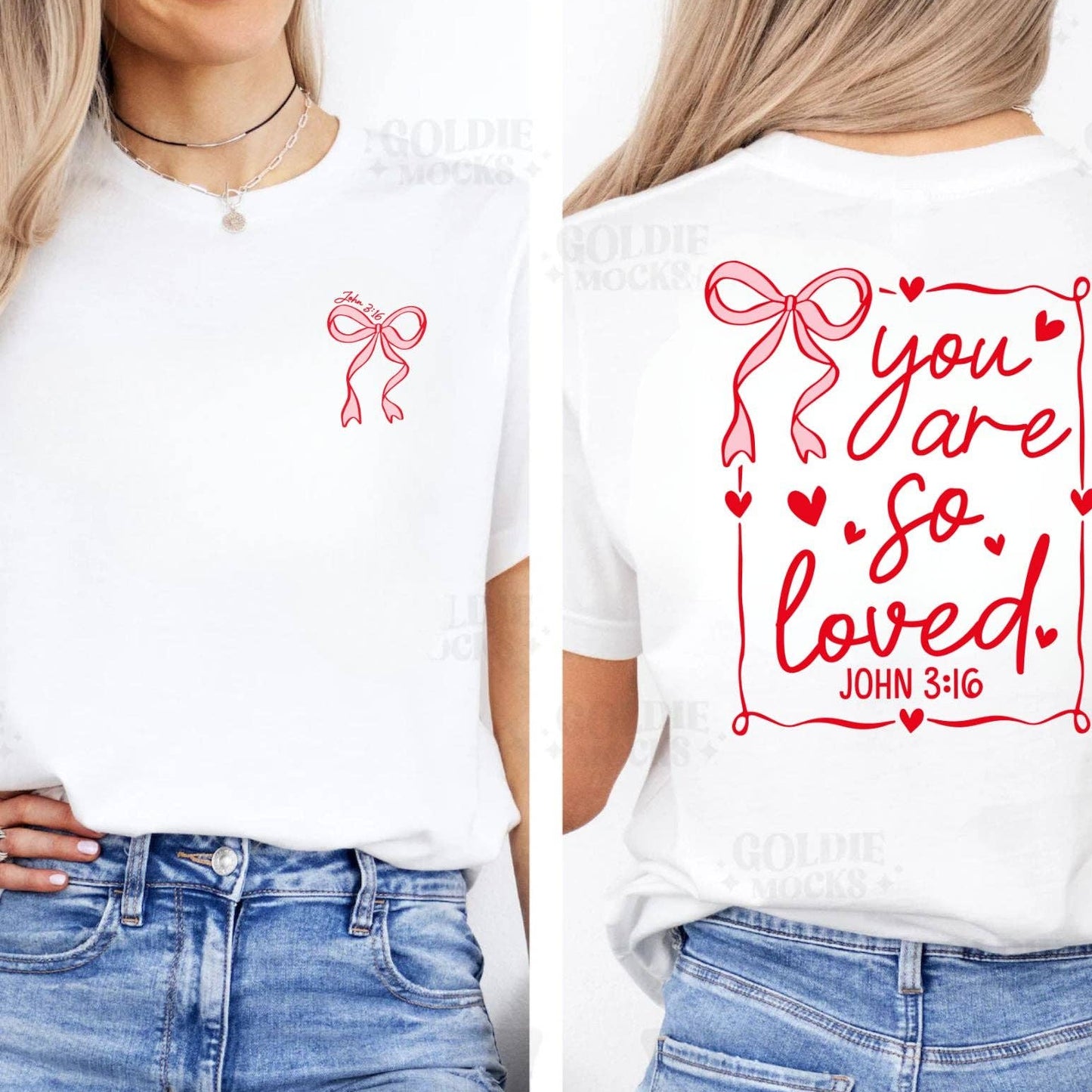 Two people wearing white t-shirts with red graphics and text, one featuring a bow and the other 'you are so loved' with a Bible verse.