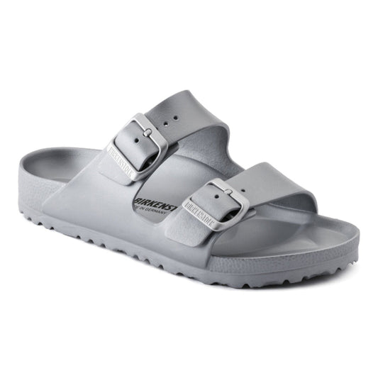 Gray sandal with 'Birkenstock' branding on a white background
