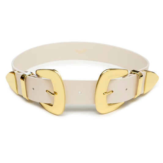 White belt with gold buckles on a white background