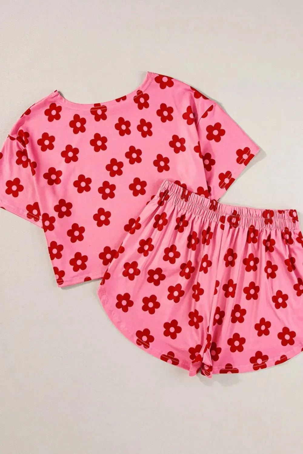 Pink & Red Floral Cropped Tee and Shorts Loungewear Set
