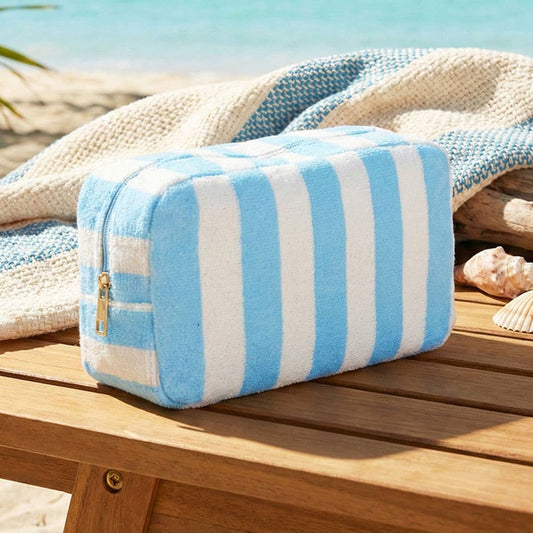 Striped Terry Cloth Cosmetic Pouch Bag in Blue