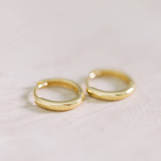 Two gold hoop earrings on a light gray background