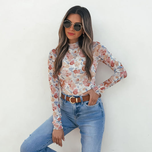 Cream Floral Mesh Top