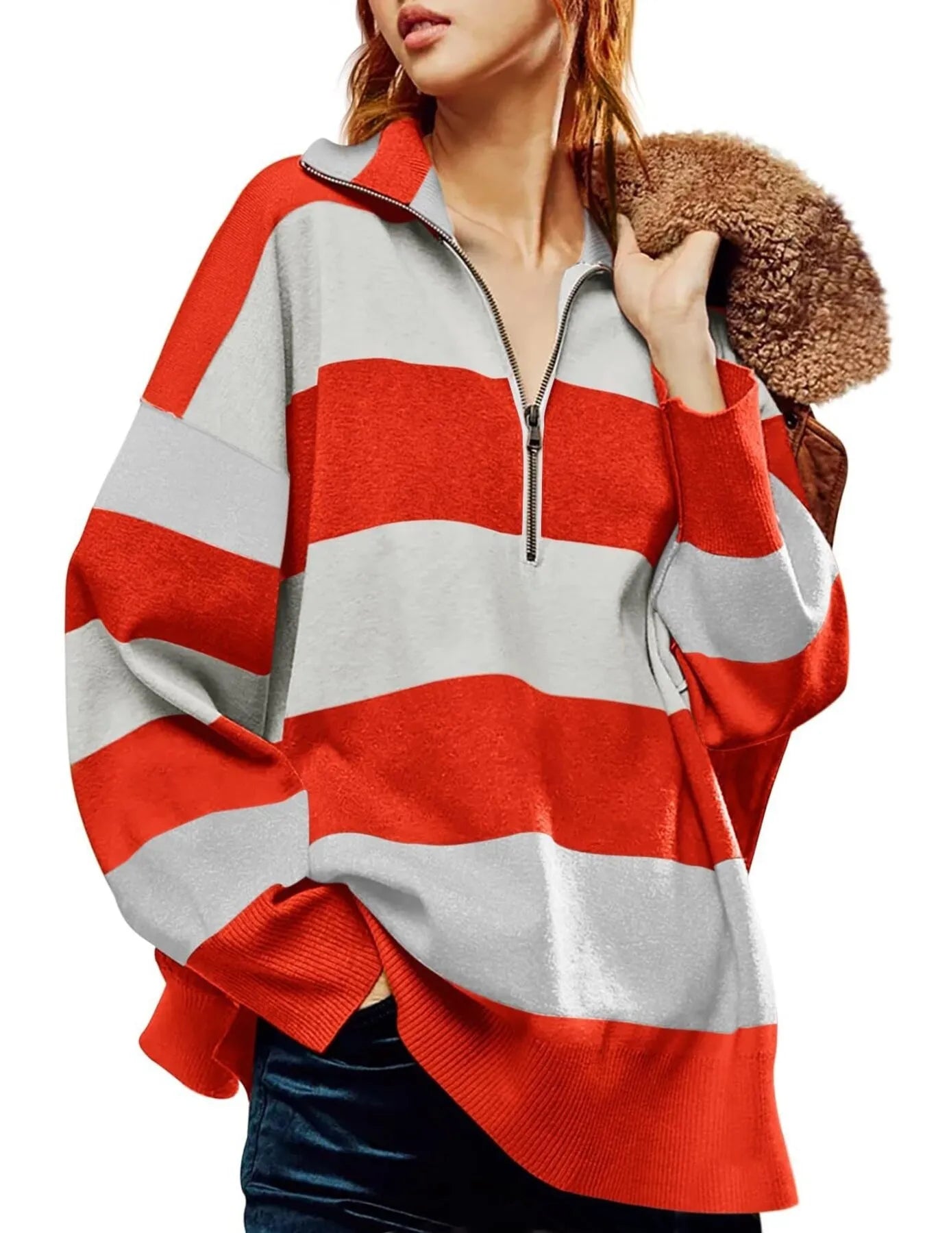 Striped Half-Zip Oversized Rugby Sweatshirt