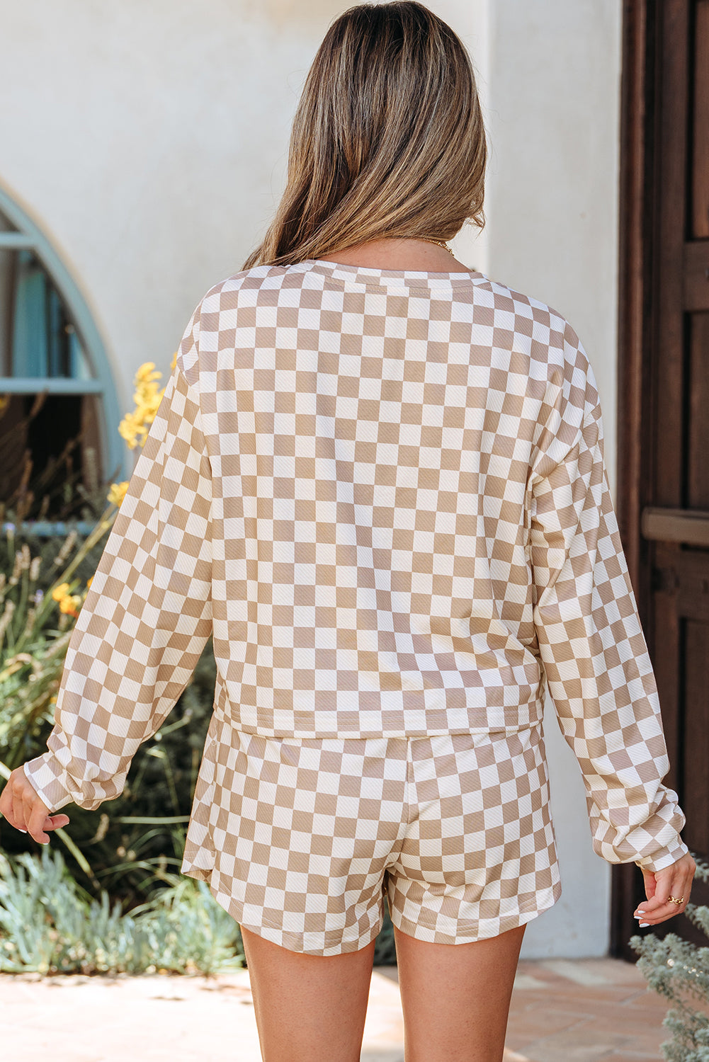 Checkered Long Sleeve High Waist Skort Set