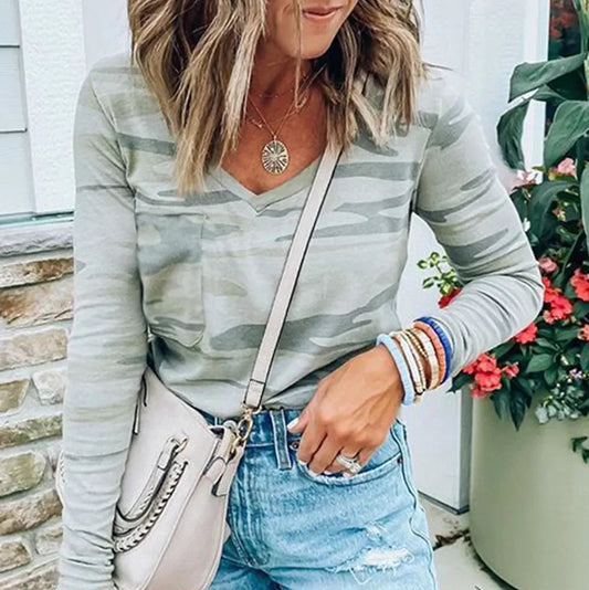 Camouflage V-Neck Long Sleeve T-Shirt