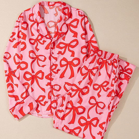 Bow Print Long Sleeve Pajama Set