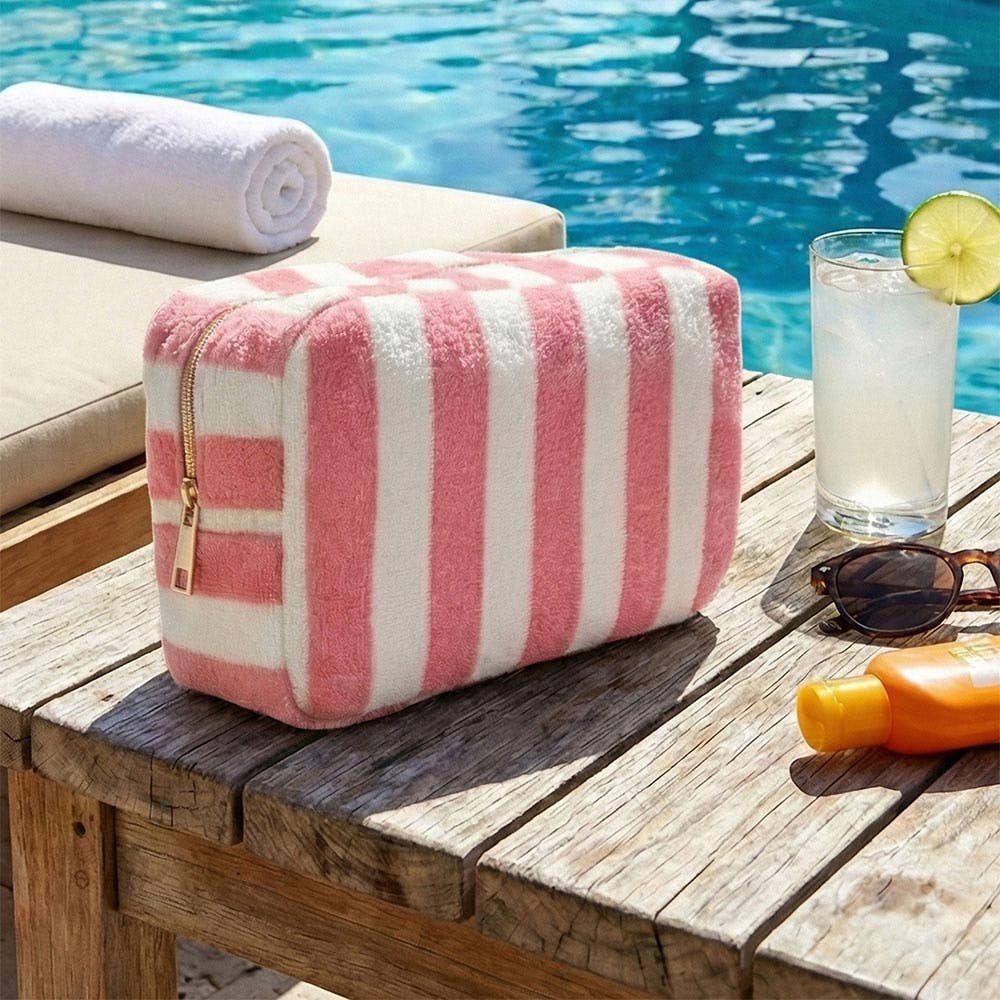 Striped Terry Cloth Cosmetic Pouch Bag in Pink