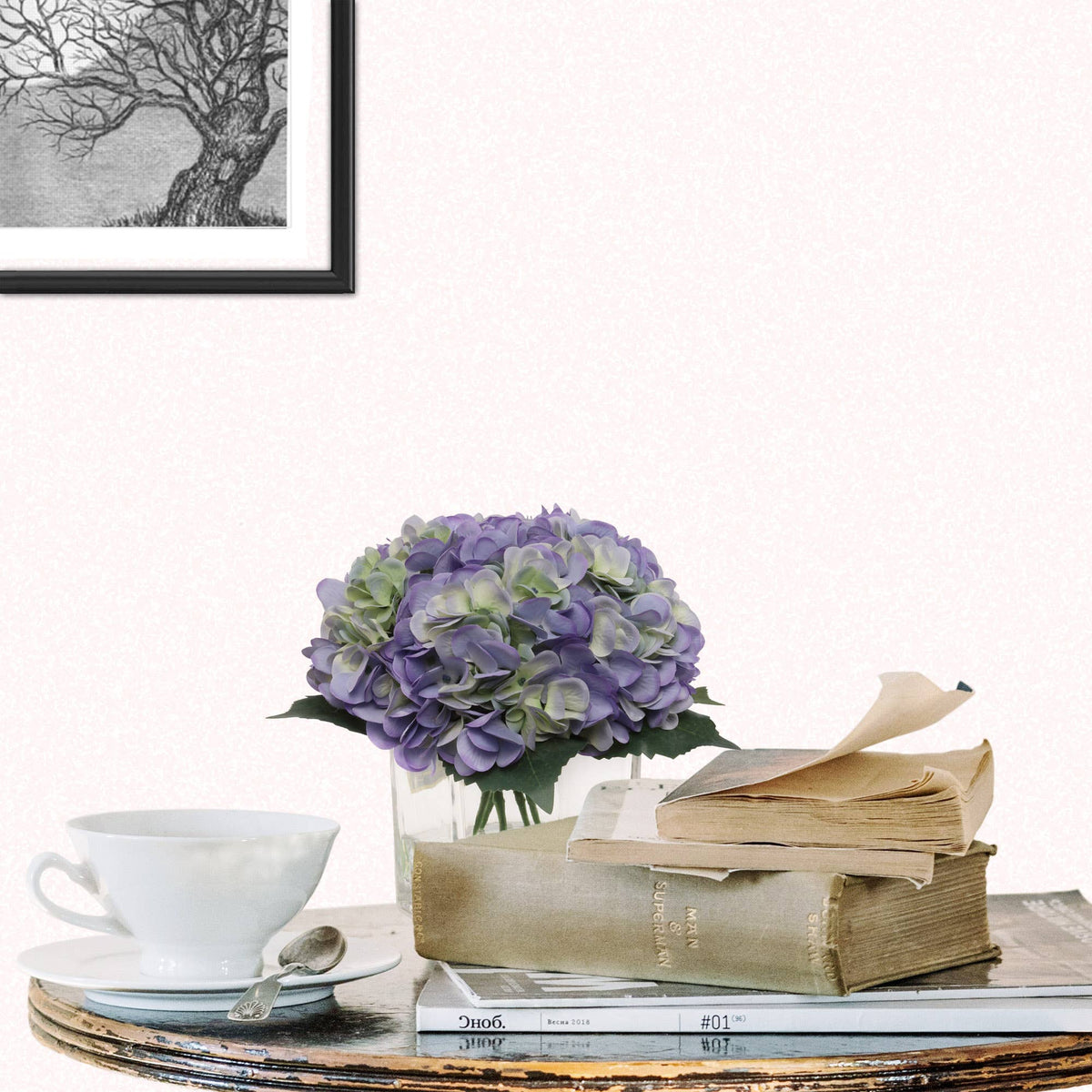 Blue Hydrangea Flowers In Glass Vase With Water Look