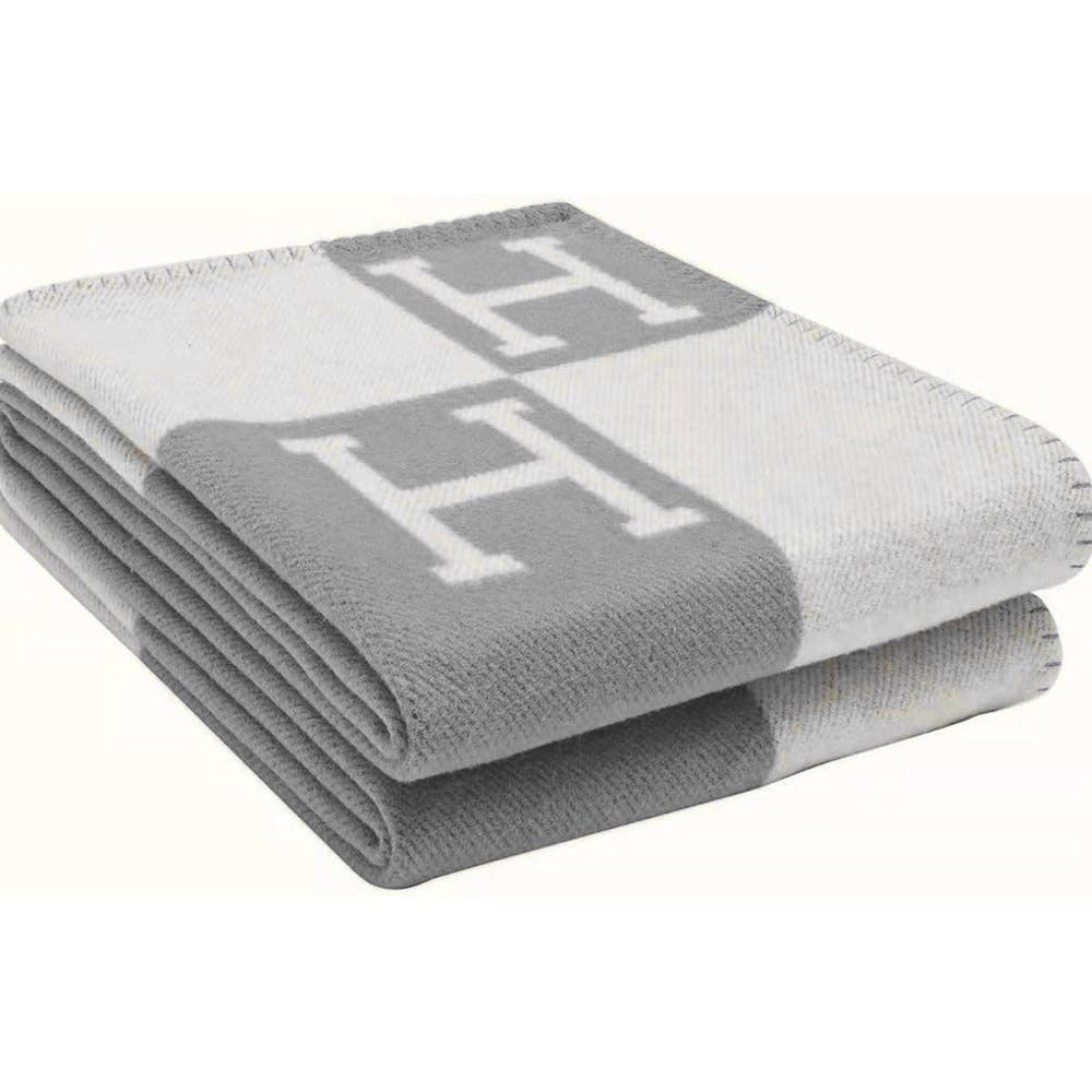 Monogram Pattern Reversible Throw Blanket: Gray