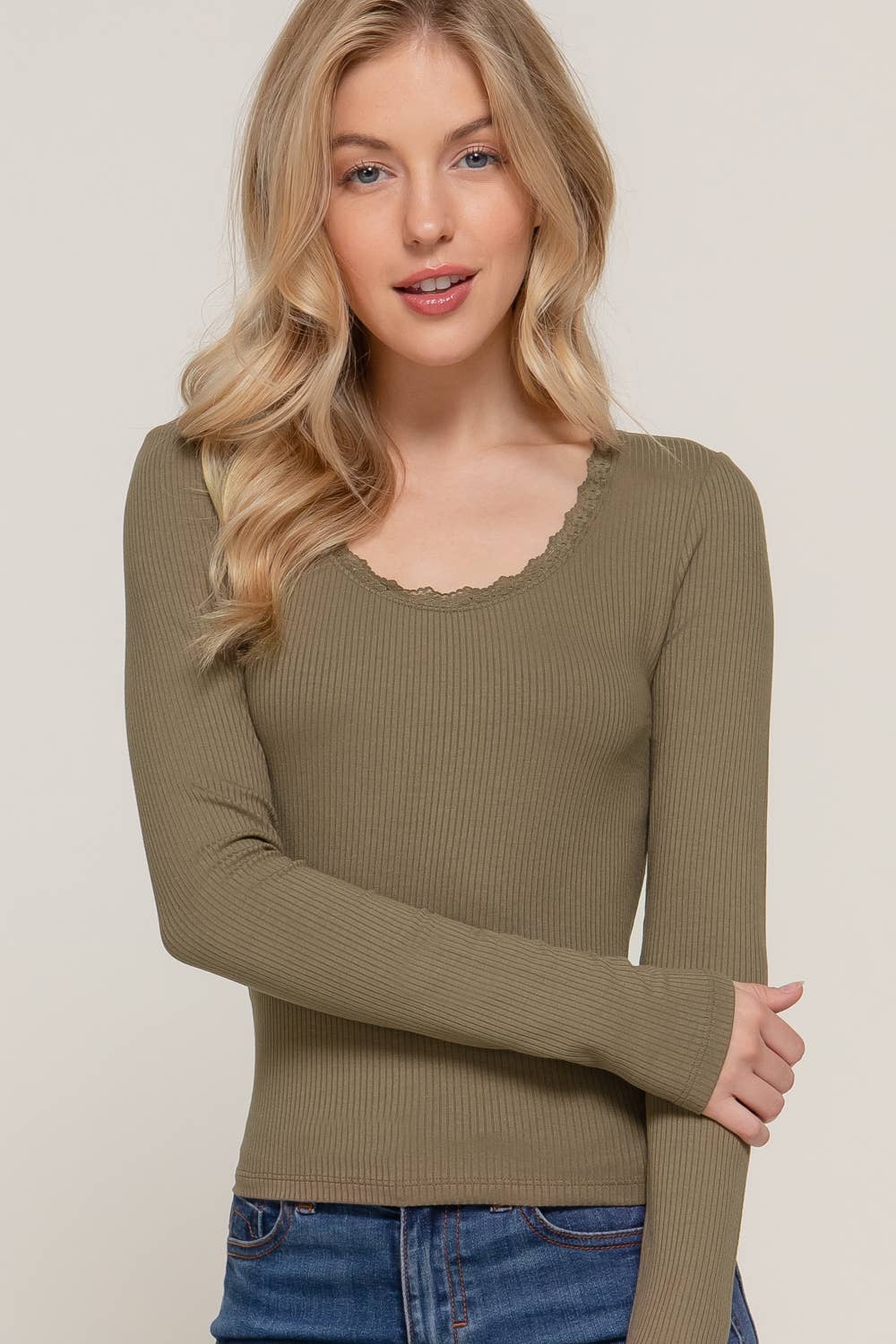 Long Sleeve Scoop Neck with Lace Trim Top
