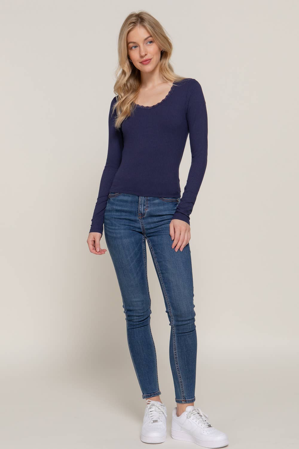 Long Sleeve Scoop Neck with Lace Trim Top
