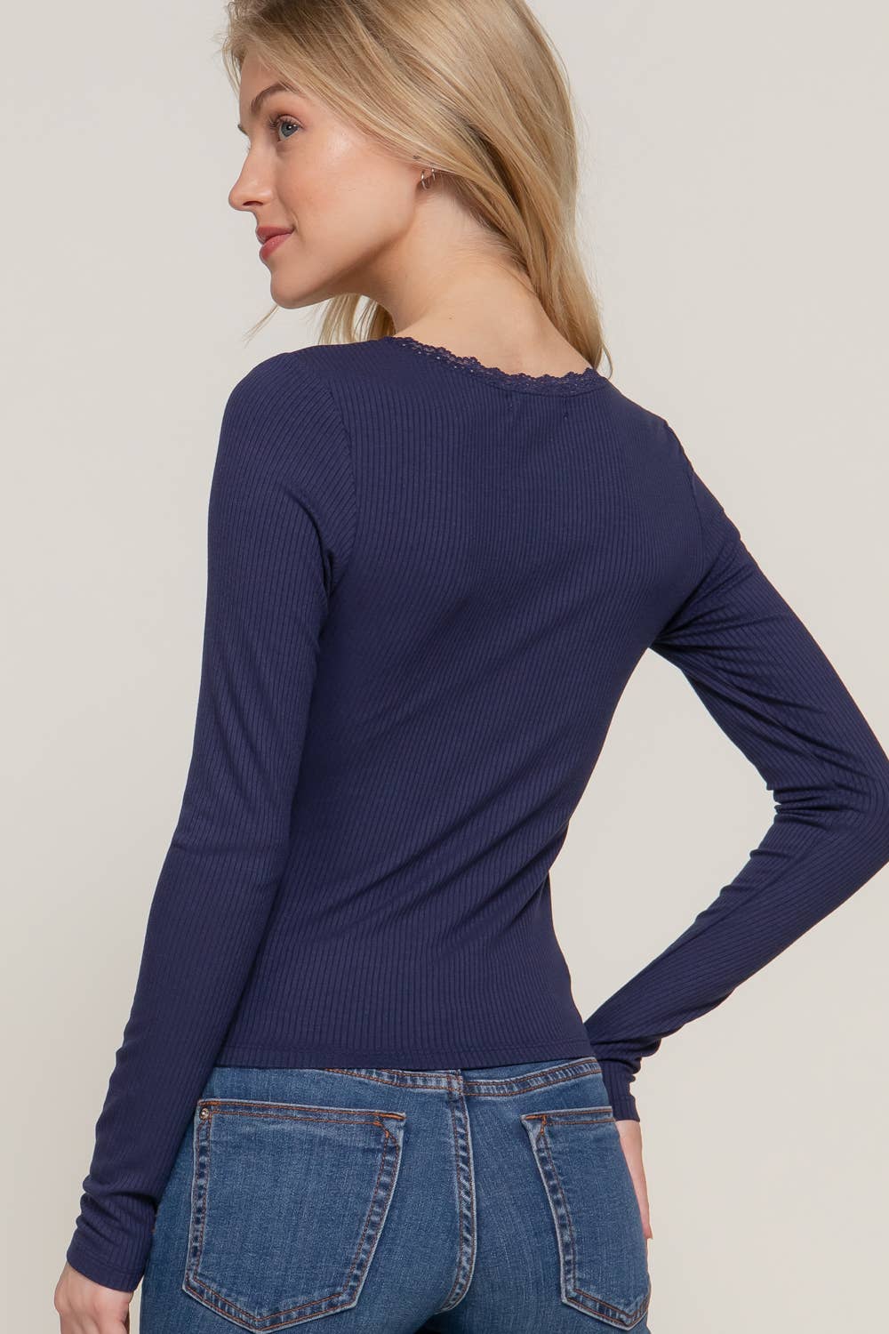 Long Sleeve Scoop Neck with Lace Trim Top